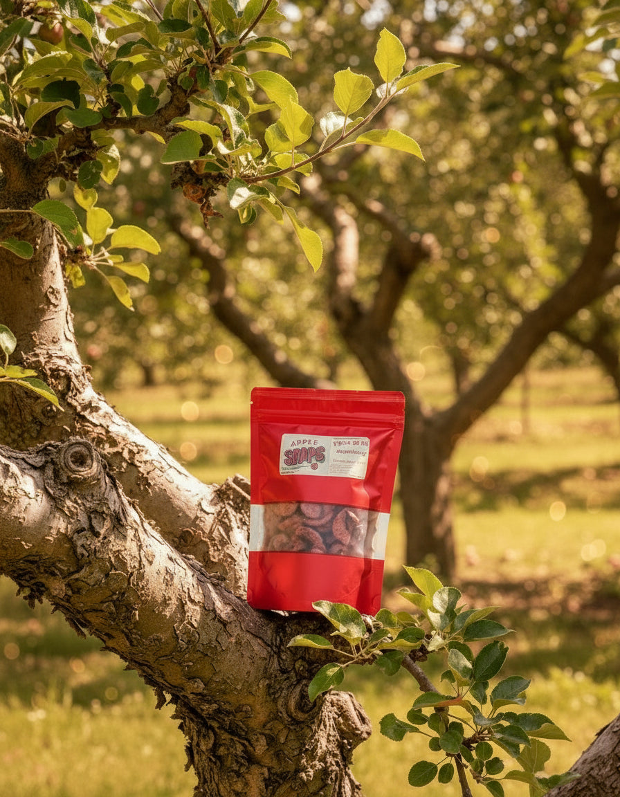 Huckleberry infused apple snaps, freeze dried apples in an apple orchard