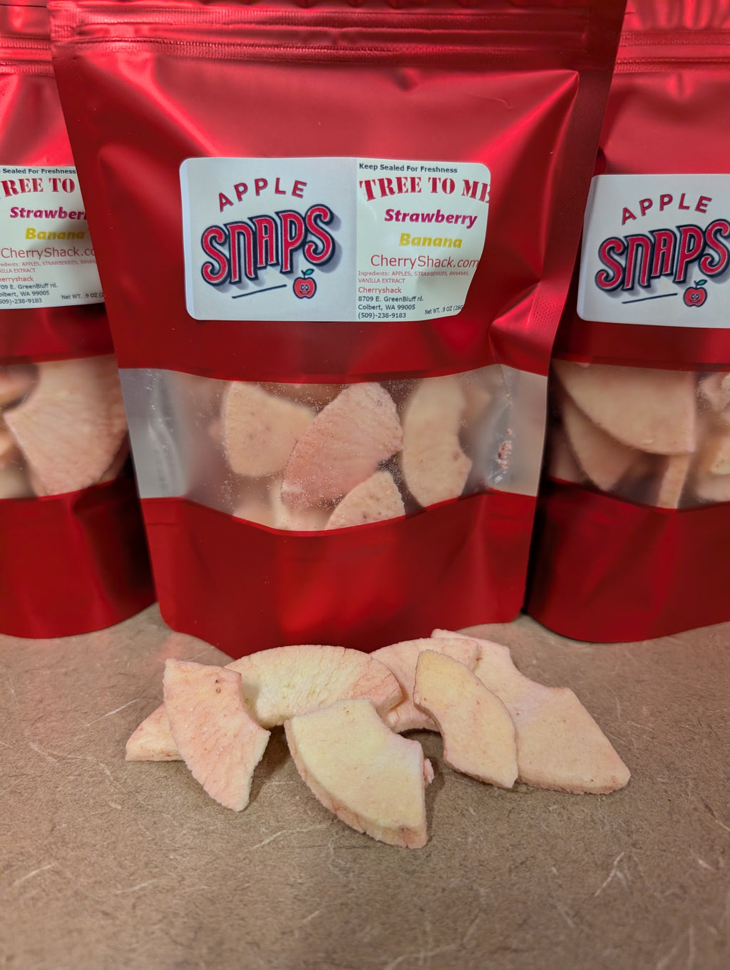 Bags of Strawberry Banana Apple Snaps. Freeze dried strawberry banana apples