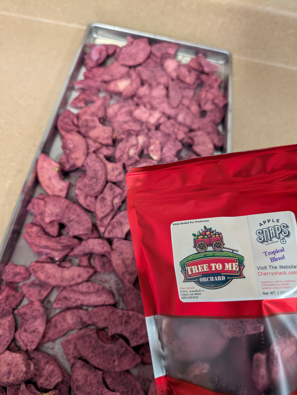 Bag of Tropical Blend Apple Snaps. Infused Freeze Dried Apples.