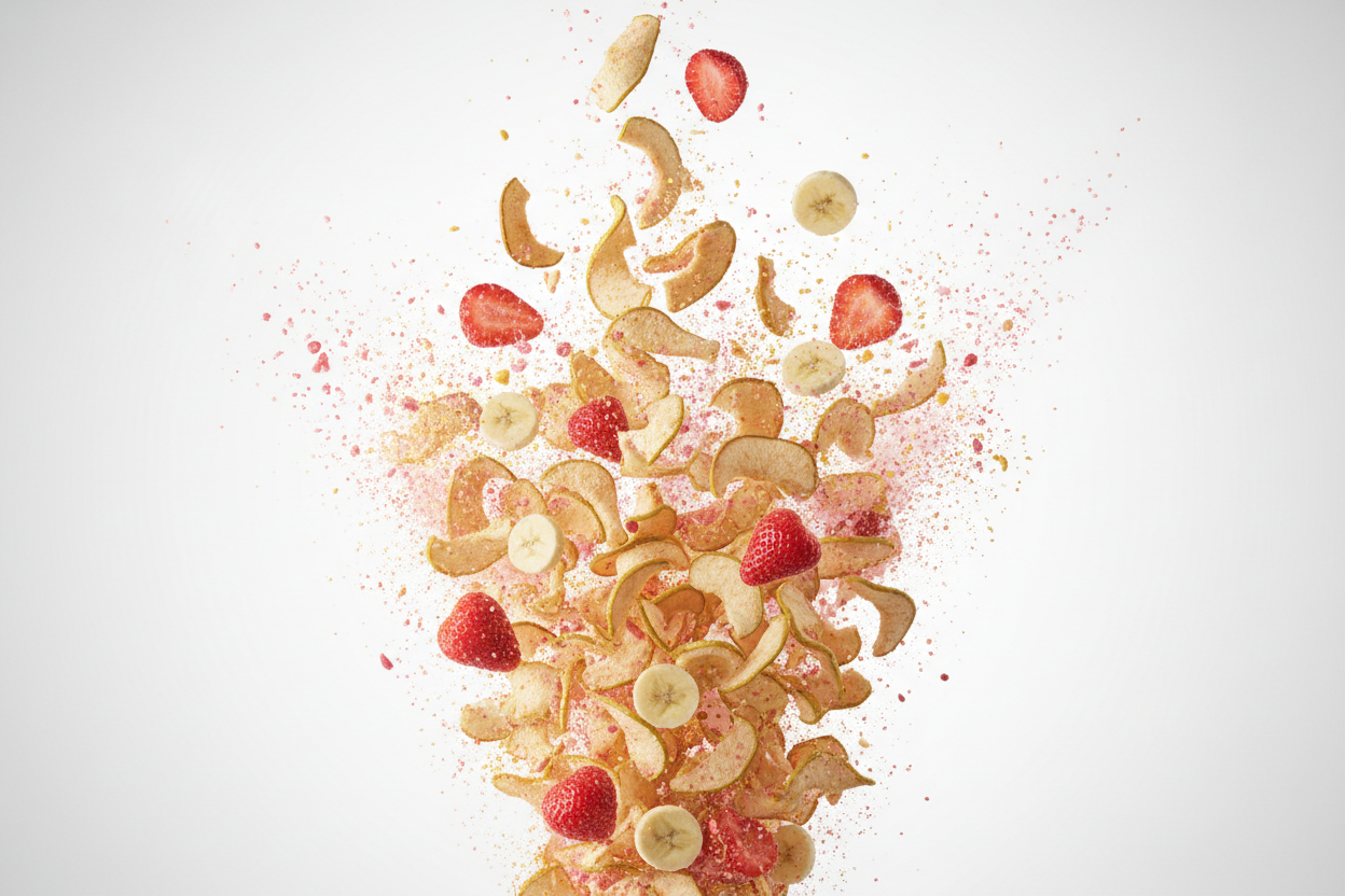 Freeze dried apples that are flavored strawberry banana, rising into the air and exploding with flavor