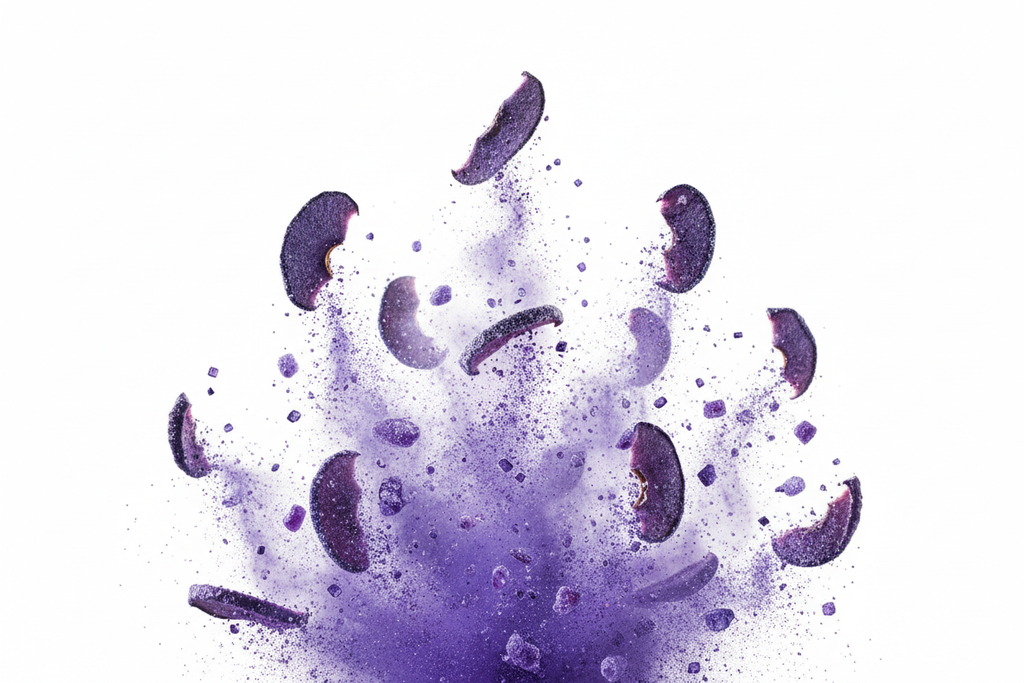 Huckleberry flavored freeze dried apples, rising into the air and bursting with flavor