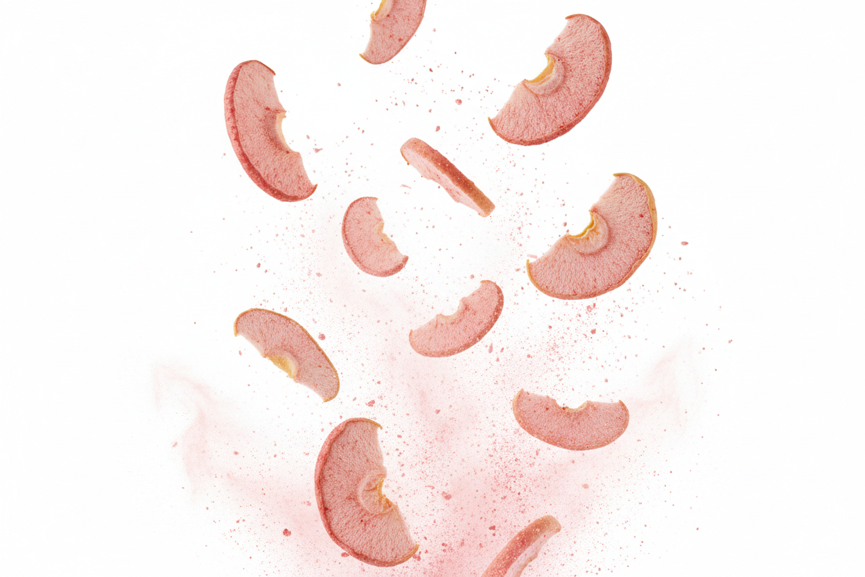 raspberry flavored freeze dried apples rising into the air and exploding with flavor. Only show the freeze dried peeled apples with a pink hue to them and some raspberry dust. dont include actual raspberries in the image