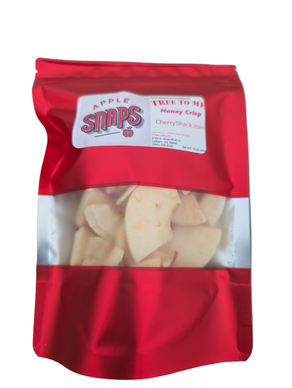 Red bag of Apple Snaps on a textured surface