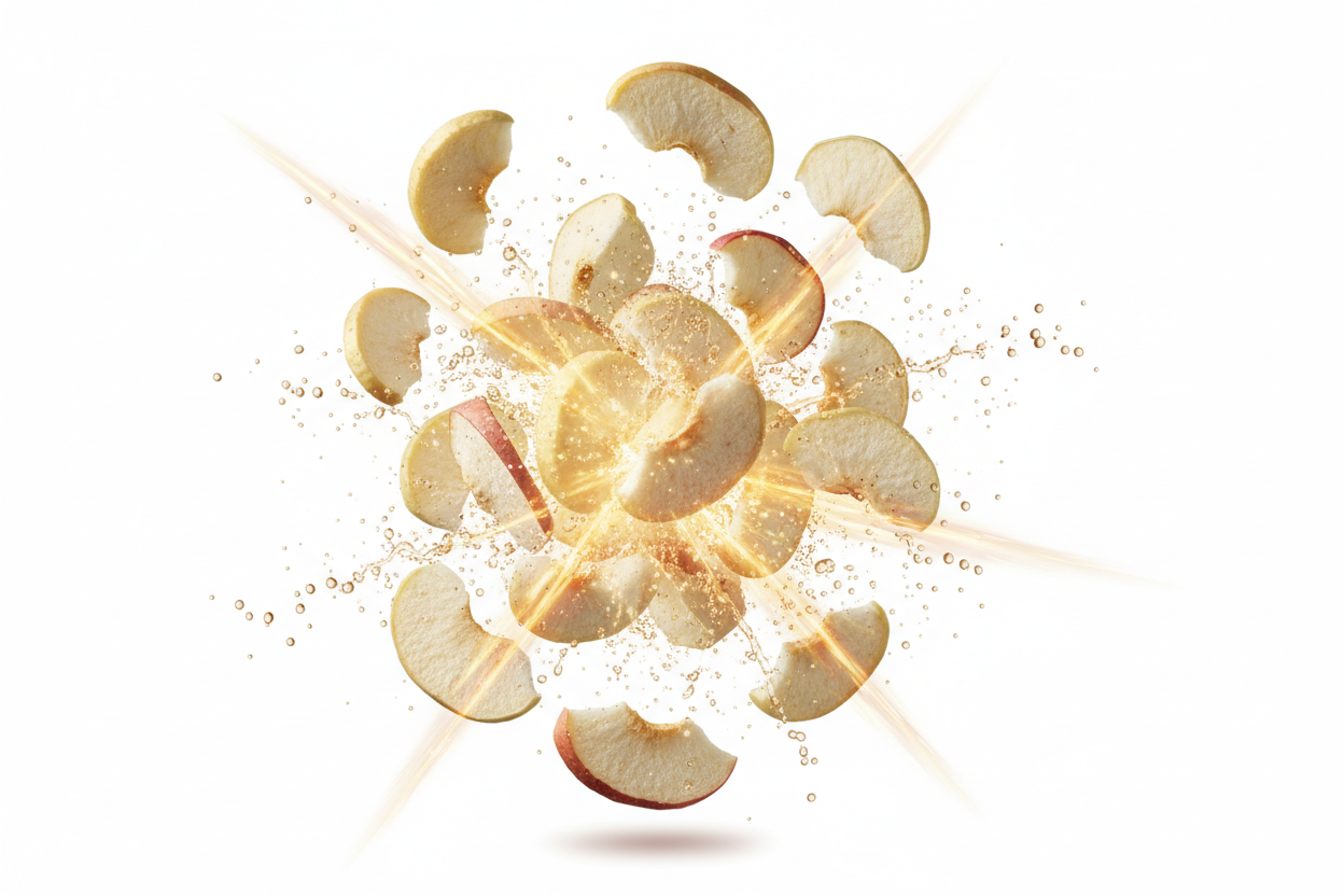 slices of freeze dried apples falling. the apples slices have no skin on them. make the image depict a flavor explosion somehow